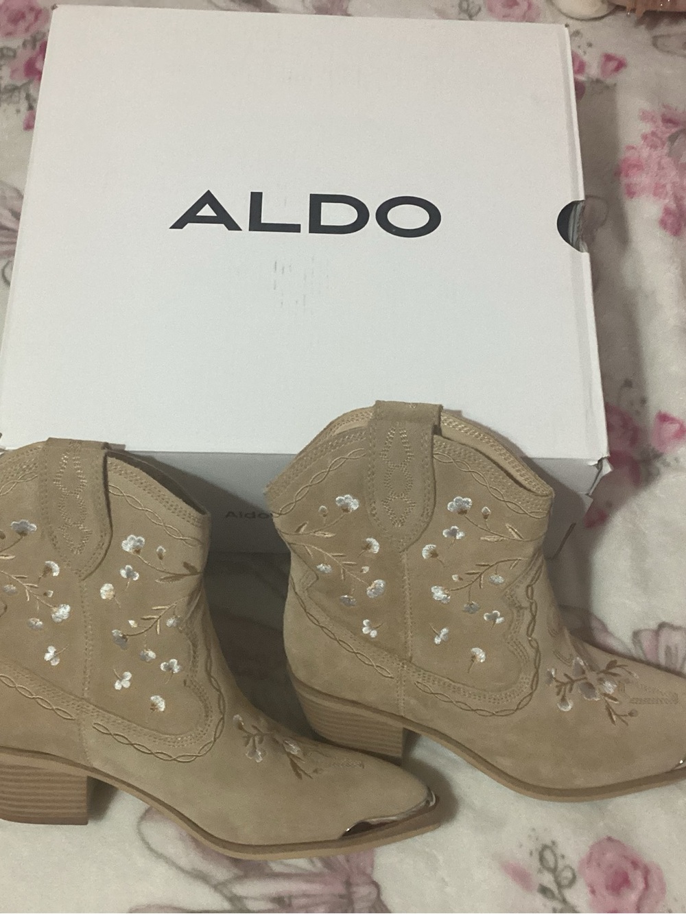 ALDO woman’s Tan Embroidered Western Ankle Boots